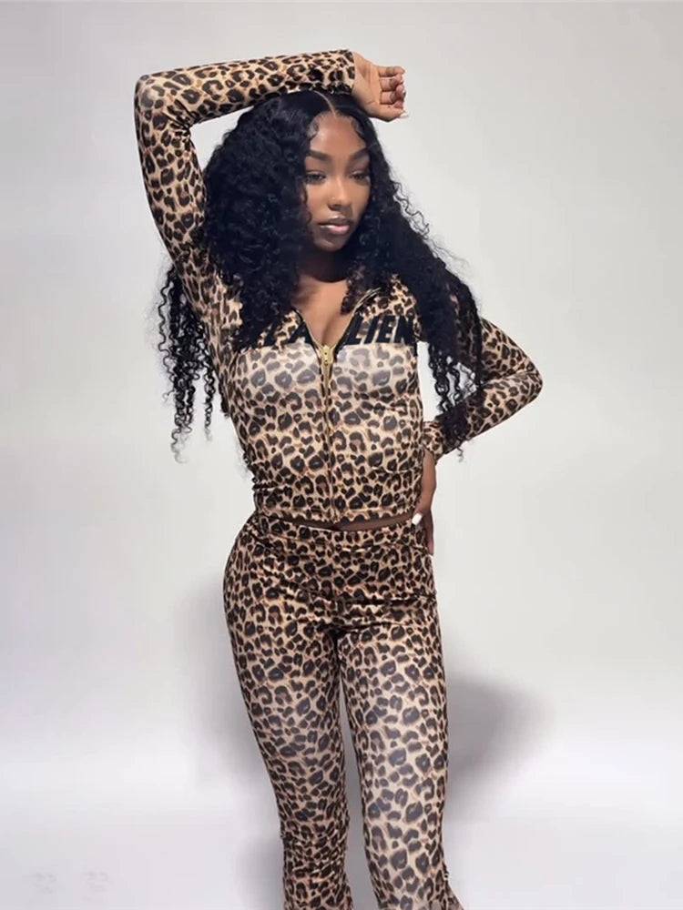 SiSterlinda Hooded 2 Piece Set Women Letter Leopard Zip Jacket+Flare Pants Casual Matching Stretch Sporty Streetwear Tracksuit