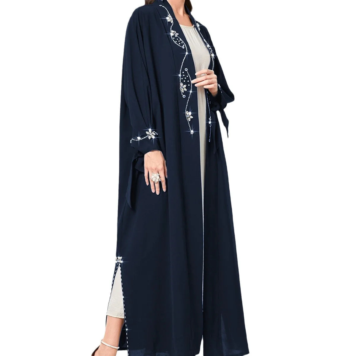 Abaya Cardigan Femme – Robe Longue Musulmane Soirée Éïd Détail Diamant