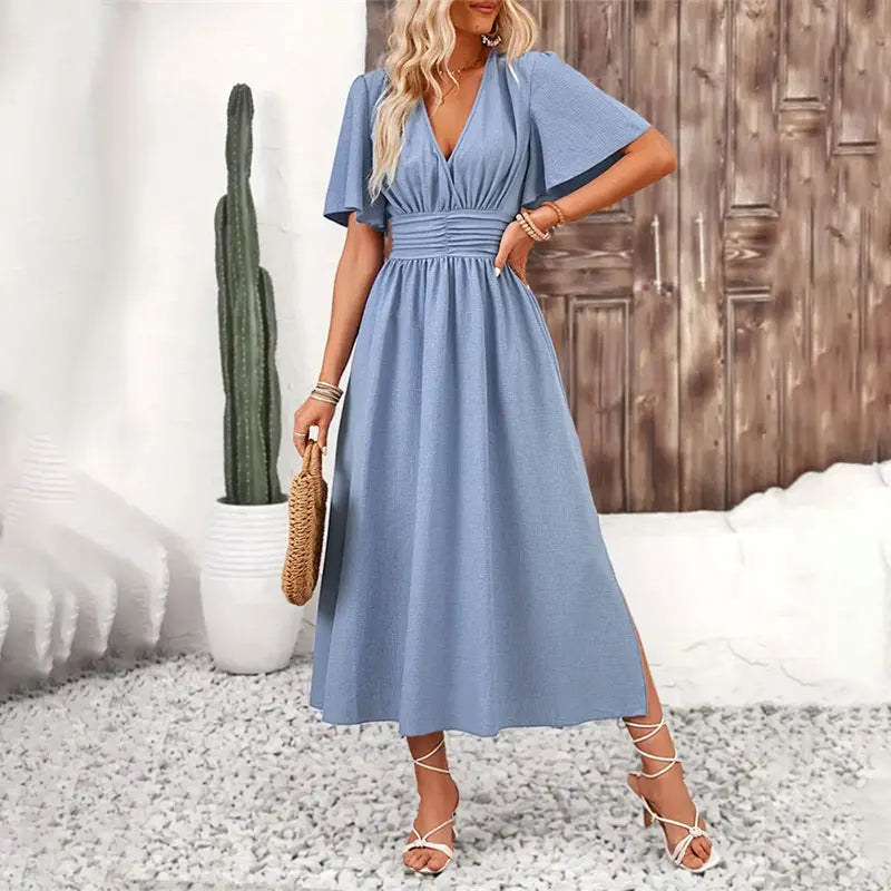 Women Ruffle Solid Pleated Long Dress Chic V Neck Short Sleeved  Black Blue Lace Up Robes Summer Lady High Street Wear Holiday