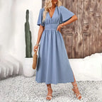 Women Ruffle Solid Pleated Long Dress Chic V Neck Short Sleeved