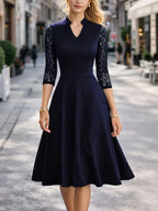 Women Sexy V-Neck Lace 2/3 Sleeve Summer Work Office Knee Length Base Show Thin Temperament Fit And Flare Swing A-Line Dress