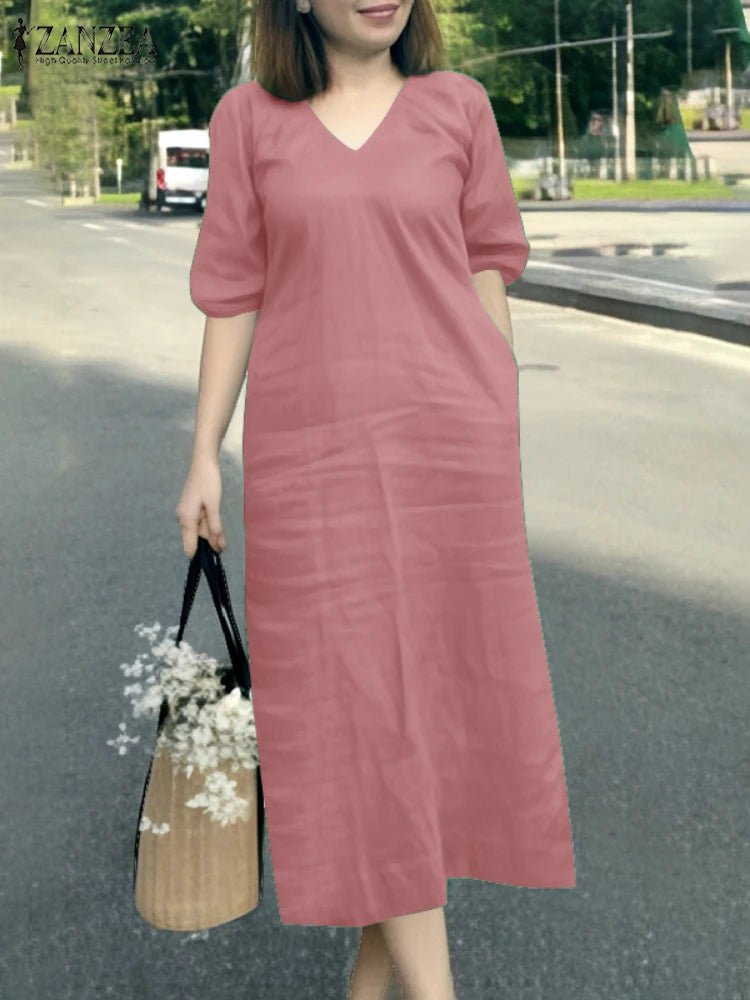 ZANZEA 2025 Fashion Summer Dress Women V Neck Short Sleeve Holiday Sundress Casual Loose Party Work Vestidos Kaftan Robe Femme
