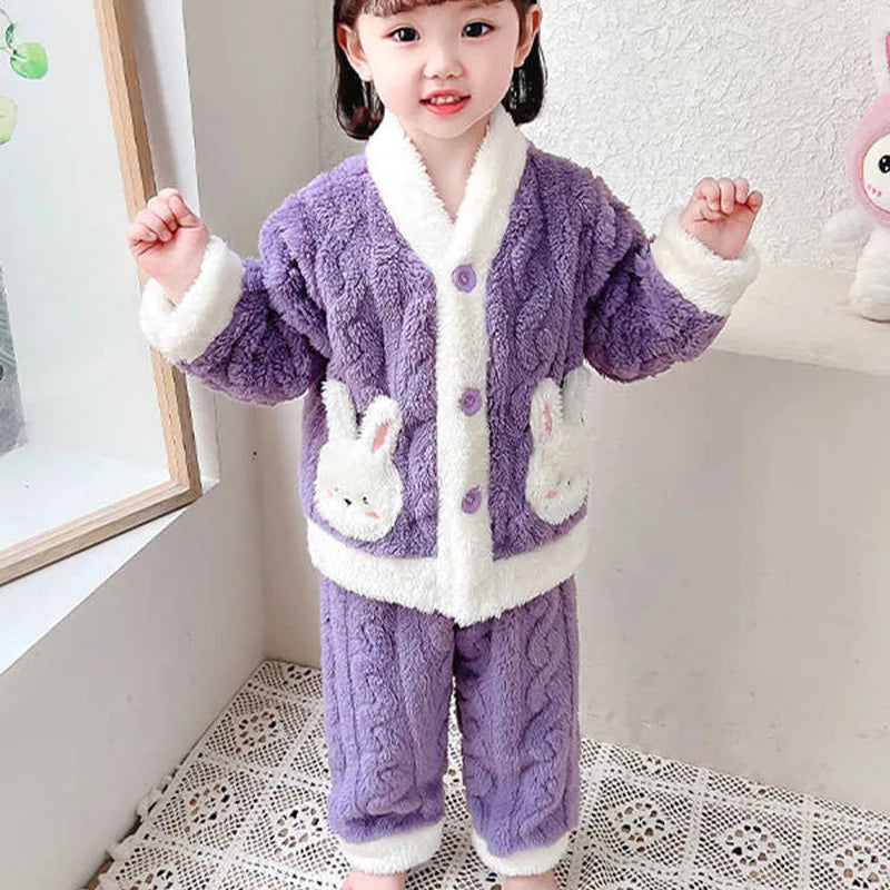 Pyjama Fille Flanelle Motif Lapin – Chaud Kawaii Automne Hiver 90-130cm