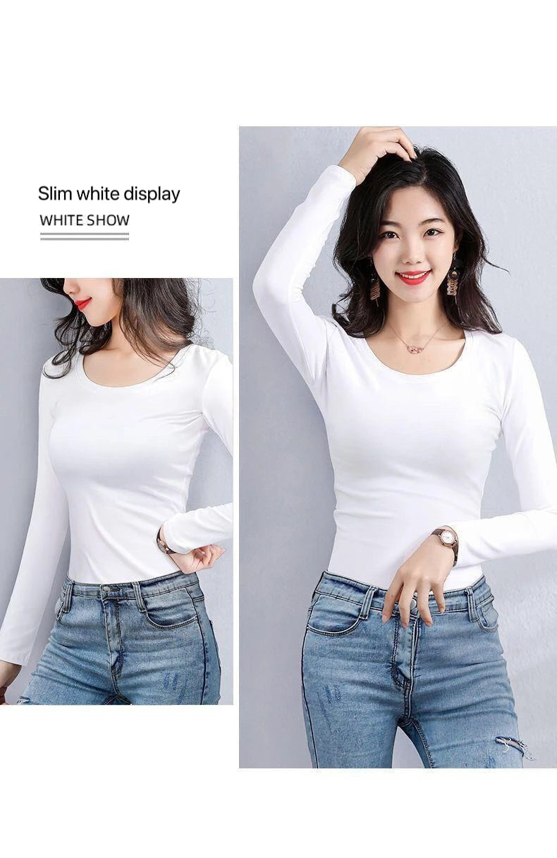 1pcs Women Velvet Thermal UnderwearT-shirt Solid Color V-Neck TShirt Winter Warm Top Female Round Neck Long Sleeve Tee Pullover