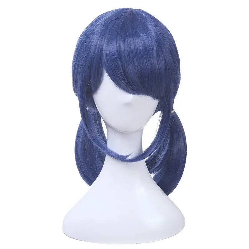 2025 Halloween perruque de Cosplay à Double queue de cheval bleue foncée pour femmes, cheveux synthétiques lisses et résistants