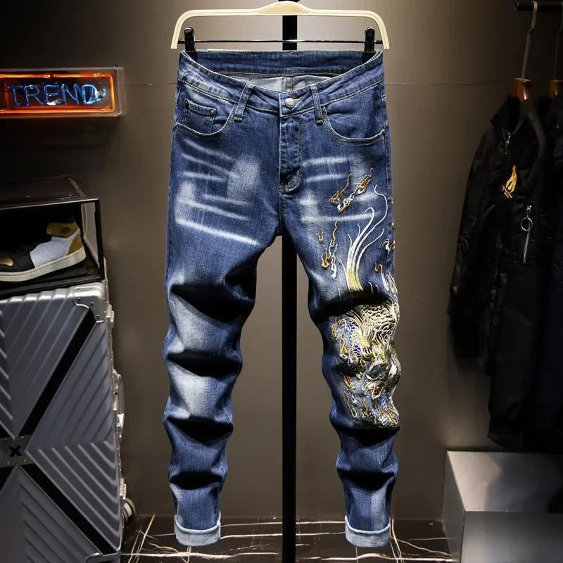 Jean imprimé homme 90s – Coupe ample streetwear noir ou bleu