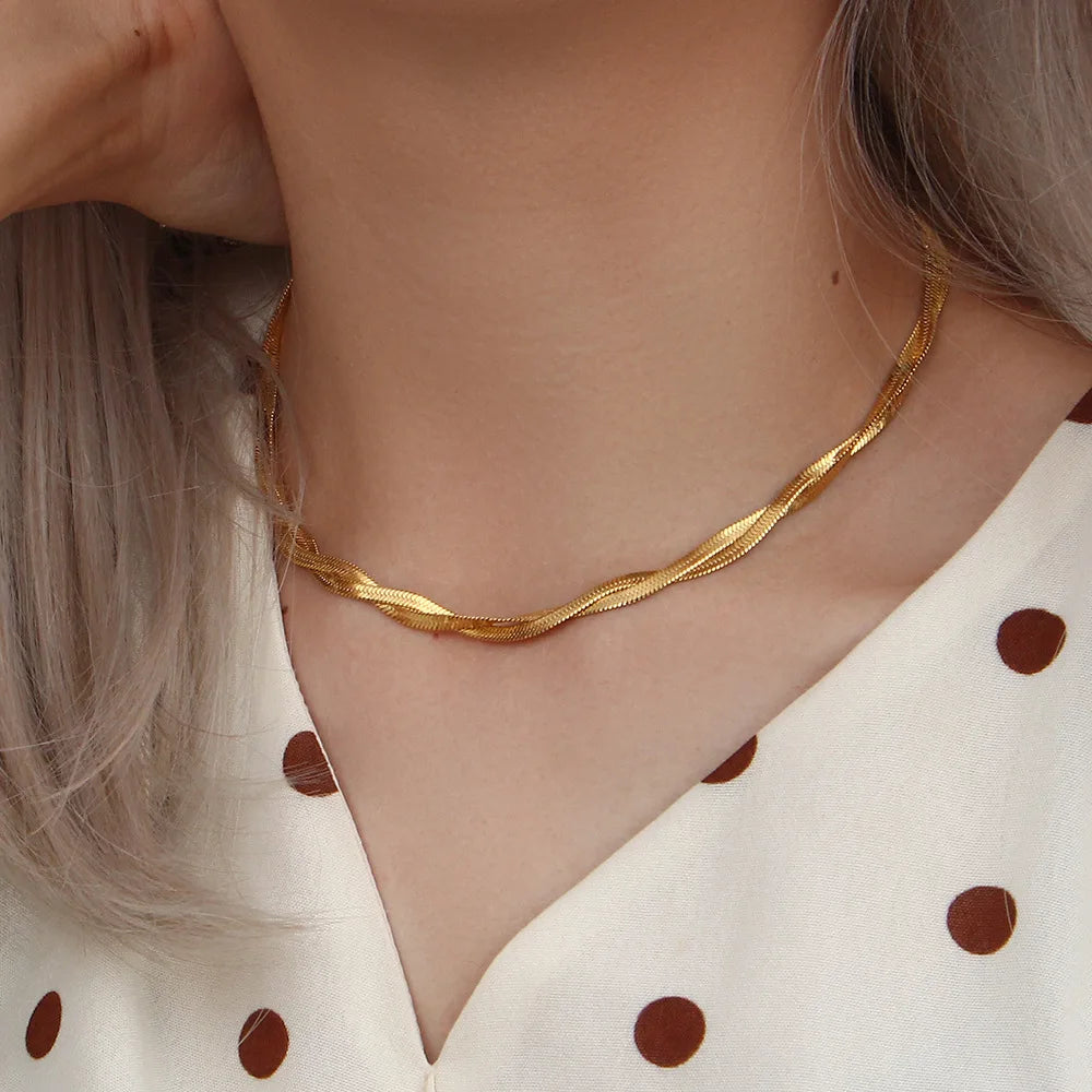 Gold Plated Waterproof Braided New Herringbone Chain Necklace Bracelets Set Wholesale Stainless Steel Jewelry For Women