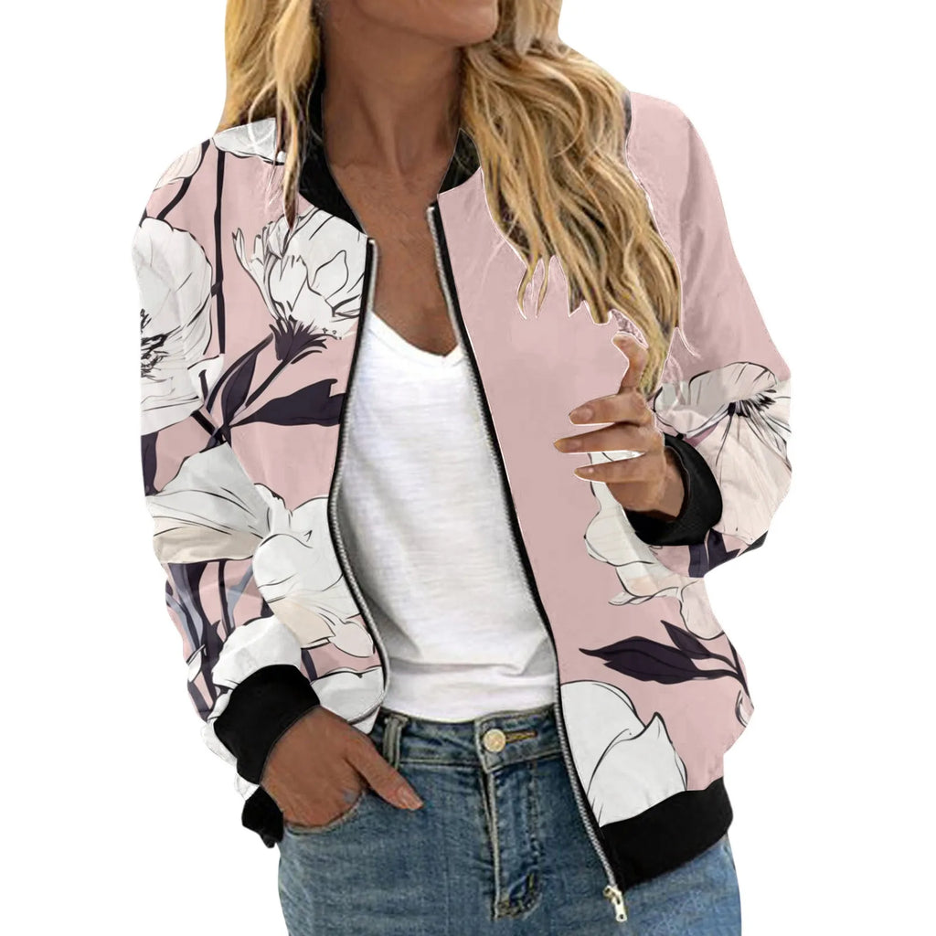 Veste Bomber Femme Imprimé Floral – Courte Zipée Casual Automne Hiver