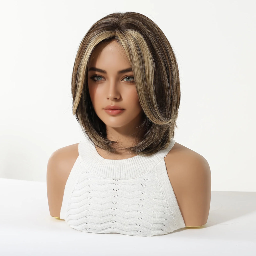 LOUIS FERRE Short Blonde Highlight Brown Bobo Wigs For Women Daily Cosplay Natural Straight Wig High Temperature Synthetic Wigs