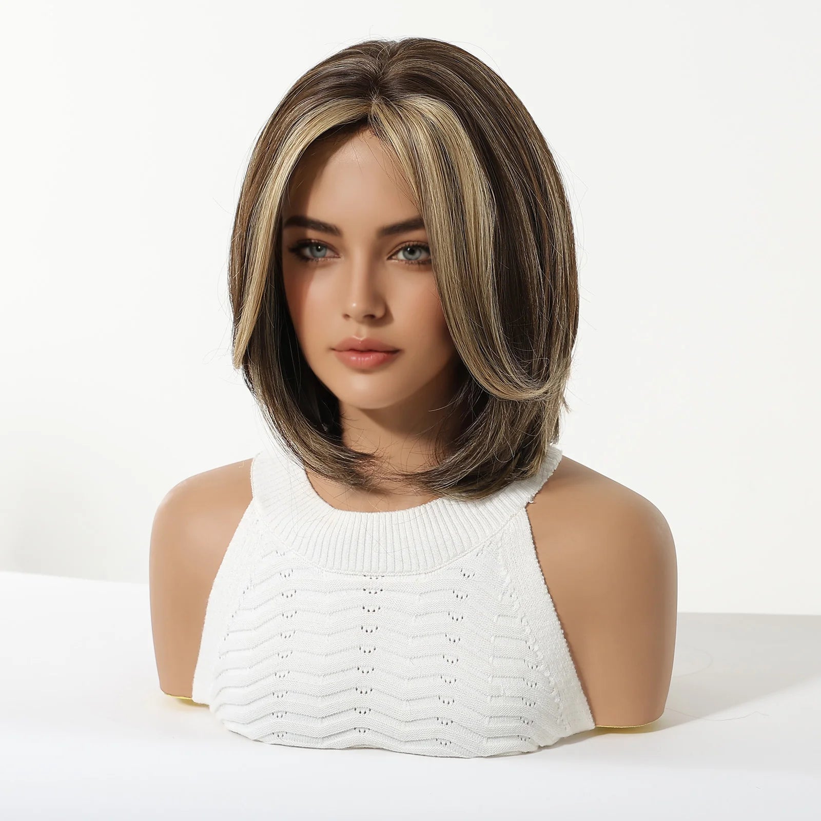 LOUIS FERRE Short Blonde Highlight Brown Bobo Wigs For Women Daily Cosplay Natural Straight Wig High Temperature Synthetic Wigs