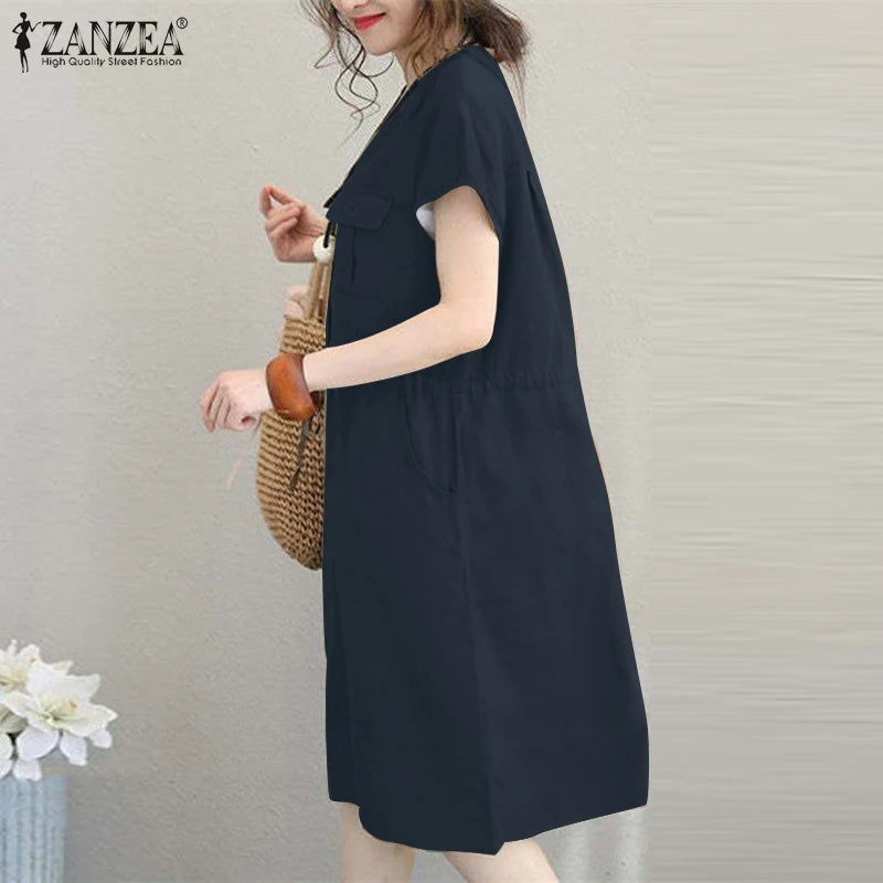 Summer Fashion Short Sleeve Dress ZANZEA Women Casual Drawstring Waist Vestidos Knee-length Robe Femme Elegant OL Work Sundress