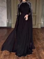 Women Robe Dress Hot Drills Long Shawl Sleeves Chiffon Party Middle