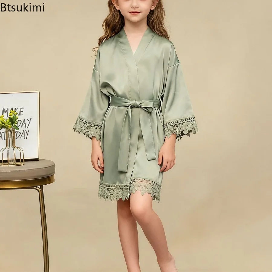 Children's Ice Silk Pajama Robe Solid Color Matte Lace Morning Robe Pajama Smooth Soft Comfortable Casual Child Sleeping Robe