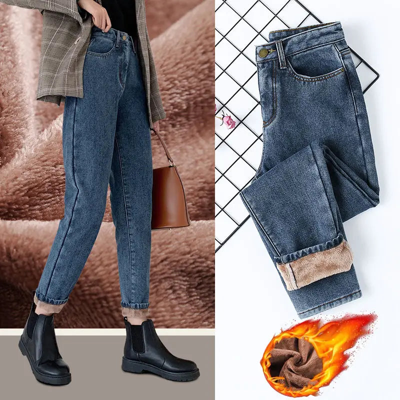 Velvet Thickened New Jeans Female Straight Pants Loose 2023 Winter Korean High-waisted Outside Wearing Warm Harun Pants