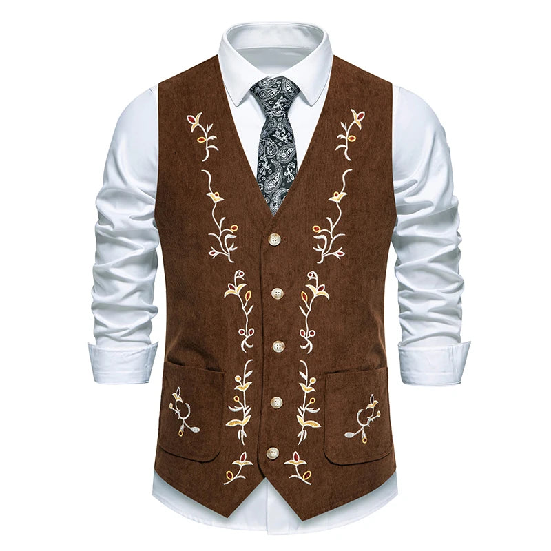 Western Corduroy Vest for Men Gothic Waistcoat Floral Embroidery Chaleco Vintage Hombre Steampunk Victorian Dress Men Suit Vest