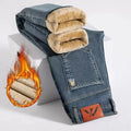 2025 Winter New Men's Fleece Thickened Jeans Retro Blue Hot Straight Casual Pants Stretch Premium Velvet Warm Denim Pants