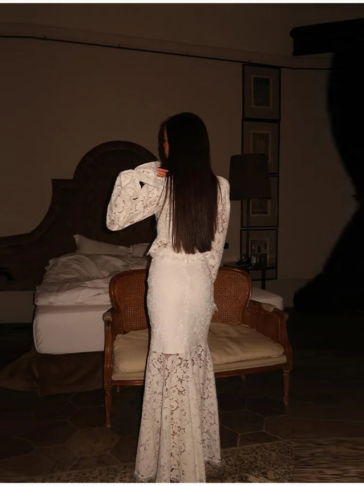 Elegant Solid Lace Ruffles Maxi Skirt Set Women Vintage Single Breasted Flared Sleeve V-neck Slim Blouse Suit Lady Party Outfits