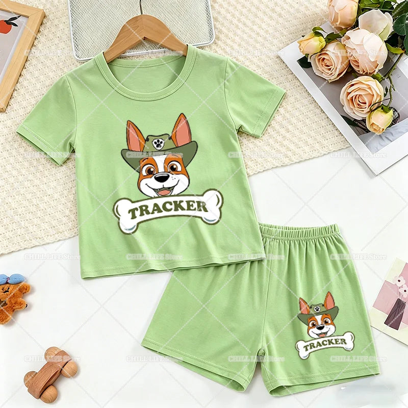 Paw Patrols 2pcs Pajama Suit Marshall Rubble Home Sleepwear Chase Skye Summer Pijamas Outfit Cartoon Print Soft Tops Shorts