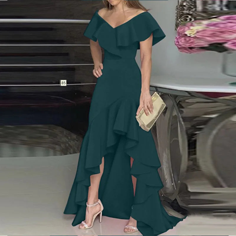 New Sexy V Neck Ruffles Party Dress Femme Elegant Summer Fashion Solid Sleeveless Slim Irregular Maxi Dresses For Women Robe