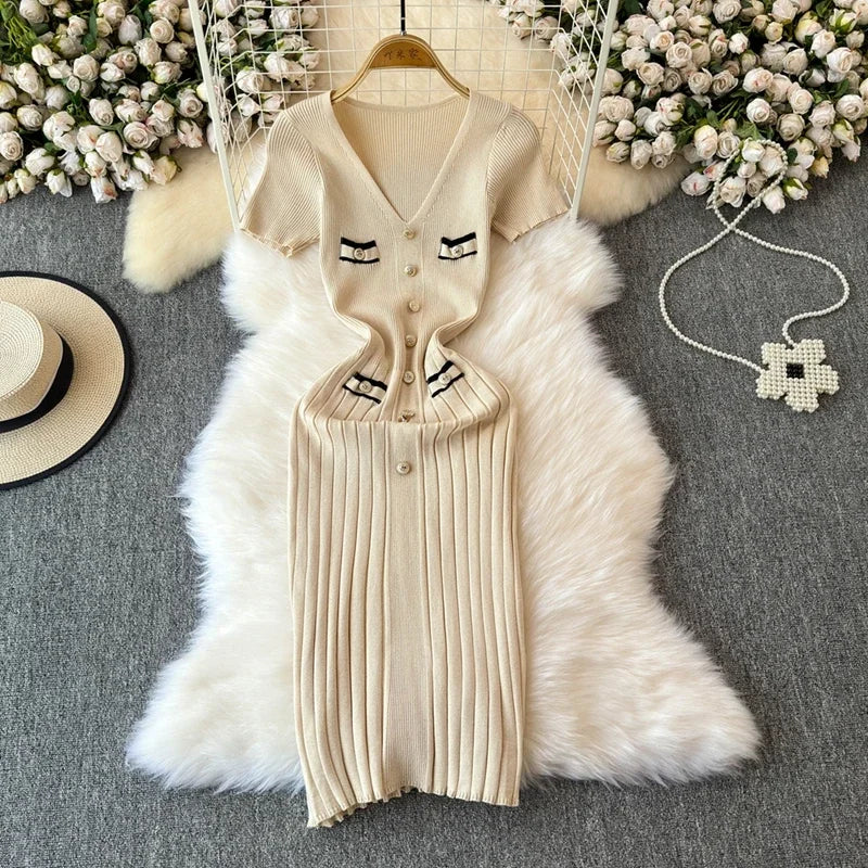 Elegant Knitted Long Dress Women Summer V Neck Single Breatsed Short Sleelve Bodycon Dresses Fashion Party Office Lady Vestidos