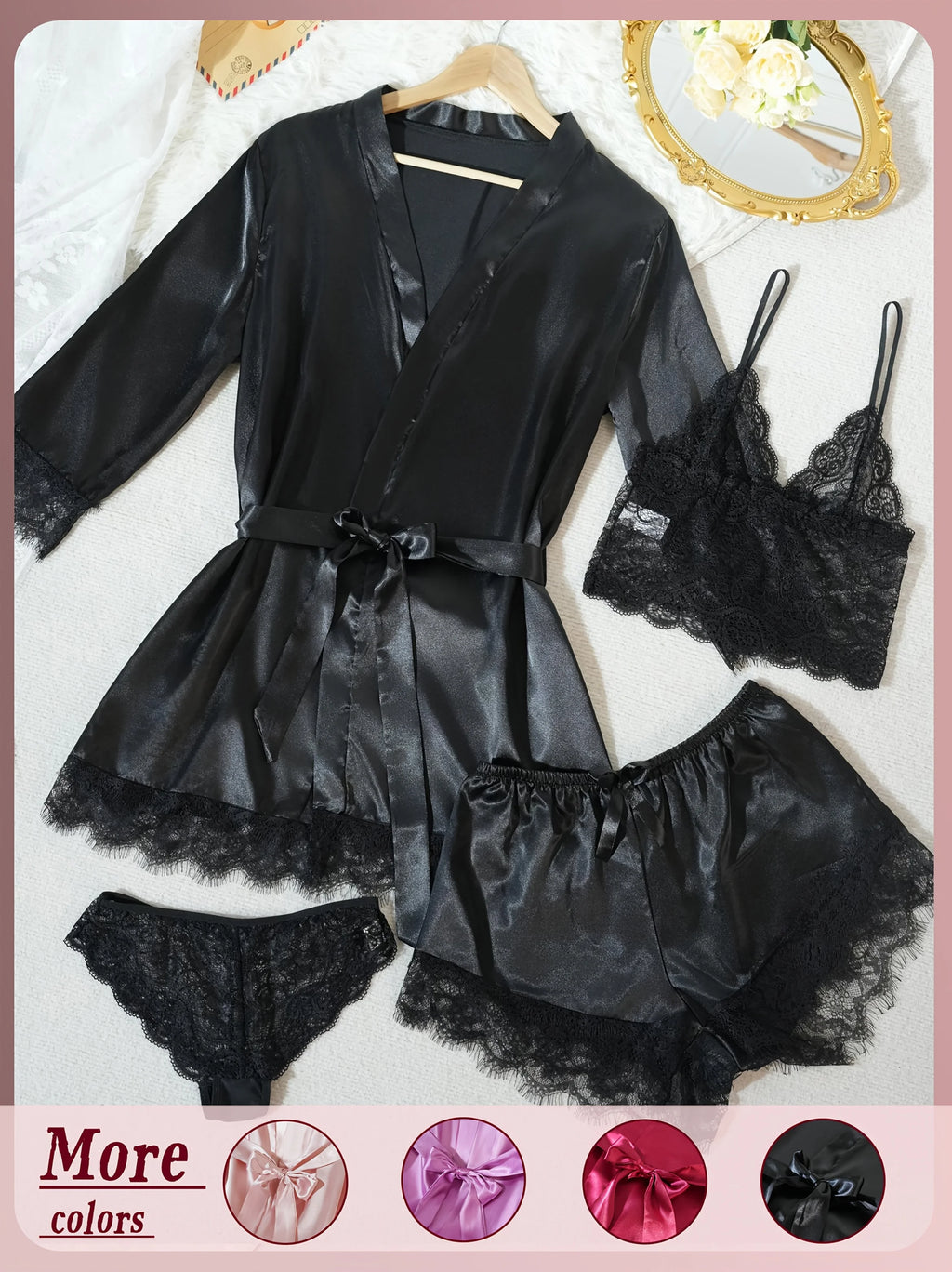 Ensemble Pyjama Satin 4 Pièces avec Robe