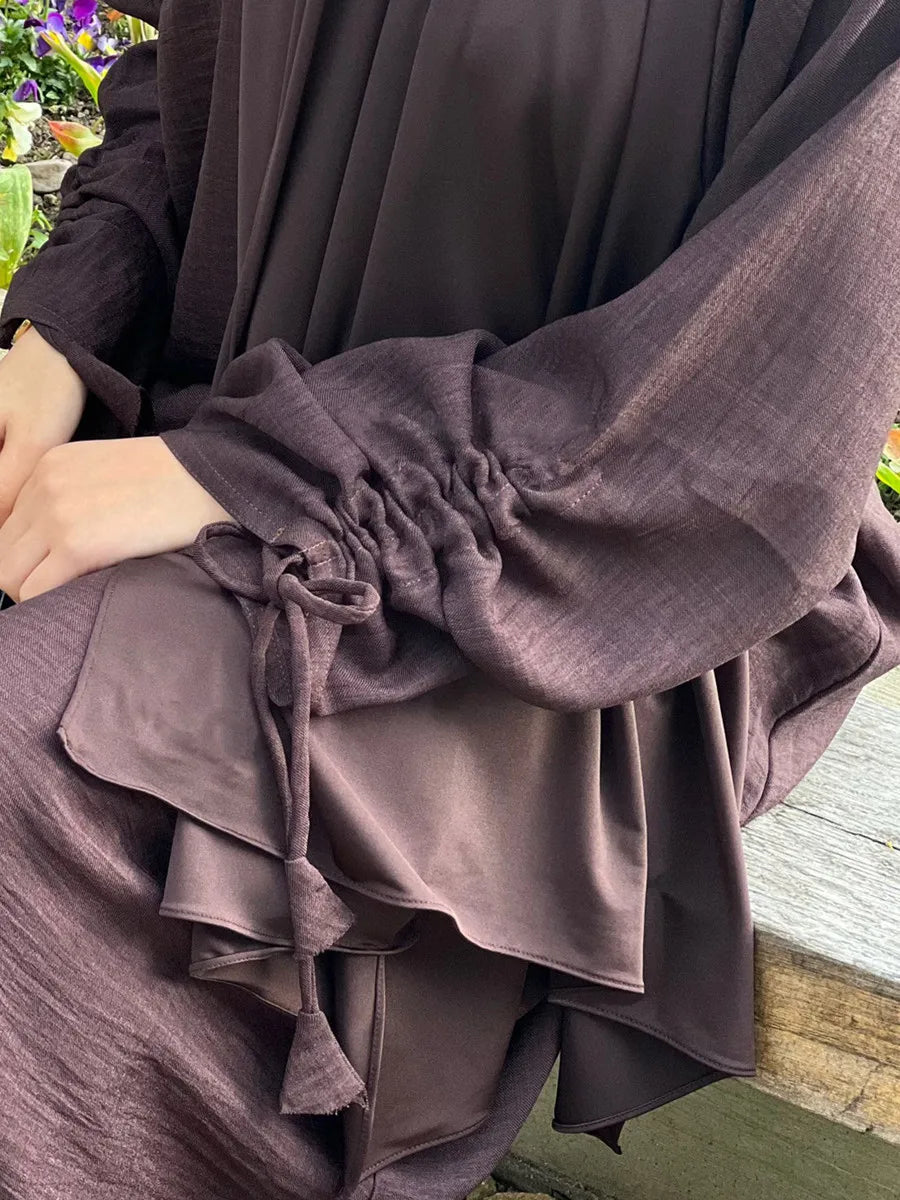 Vestidos Muslim Women Dubai Abaya Drawstring Sleeve Long Dress Kaftan Solid Modest Ramadan Robe Plus Size Femme Islamic Clothing