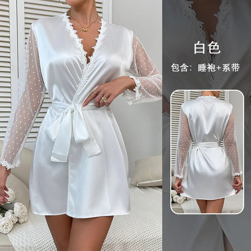Sexy Fashion Women's White Polka Dot Robe  V-Neck Lace Trim Belted Mesh Sleeves Nightgown Lazy Style Loungewear for Home