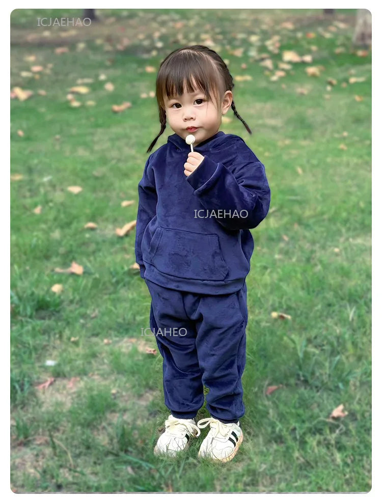 Boys Girls Velvet Warm Long Sleeve Hooded Outfit Set Children Clothing Casual Tracksuit Outdoor Wear Autumn Winter Kids Clothes