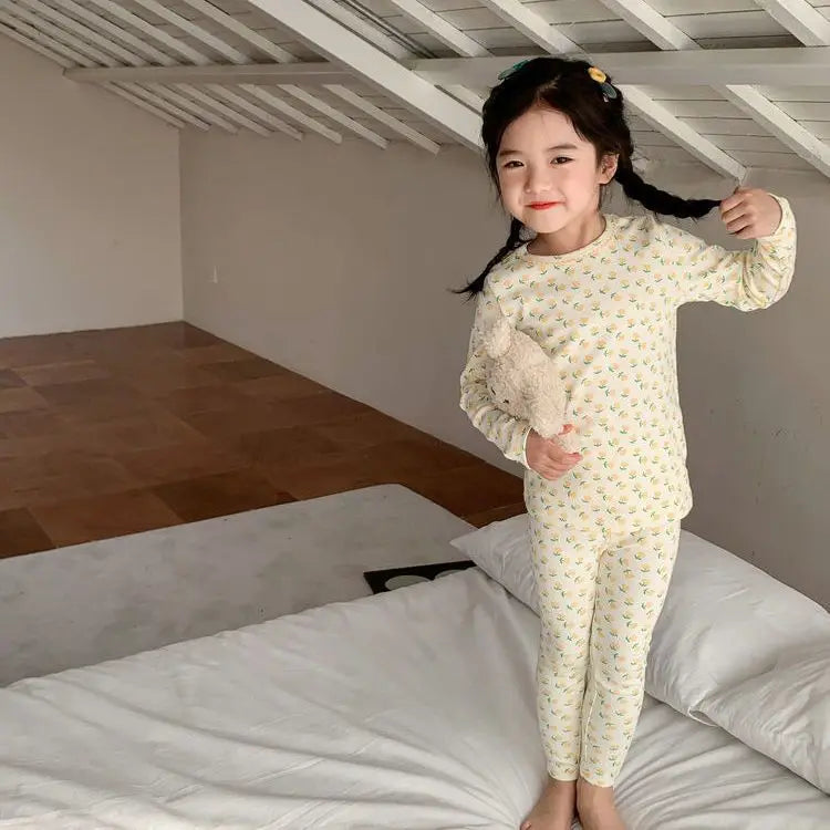 2026 Children's Sets Kids Velvet Pajamas Set Floral Long Sleeve Thermal Loungewear for Baby Girls & Boys Home Wear Clothes
