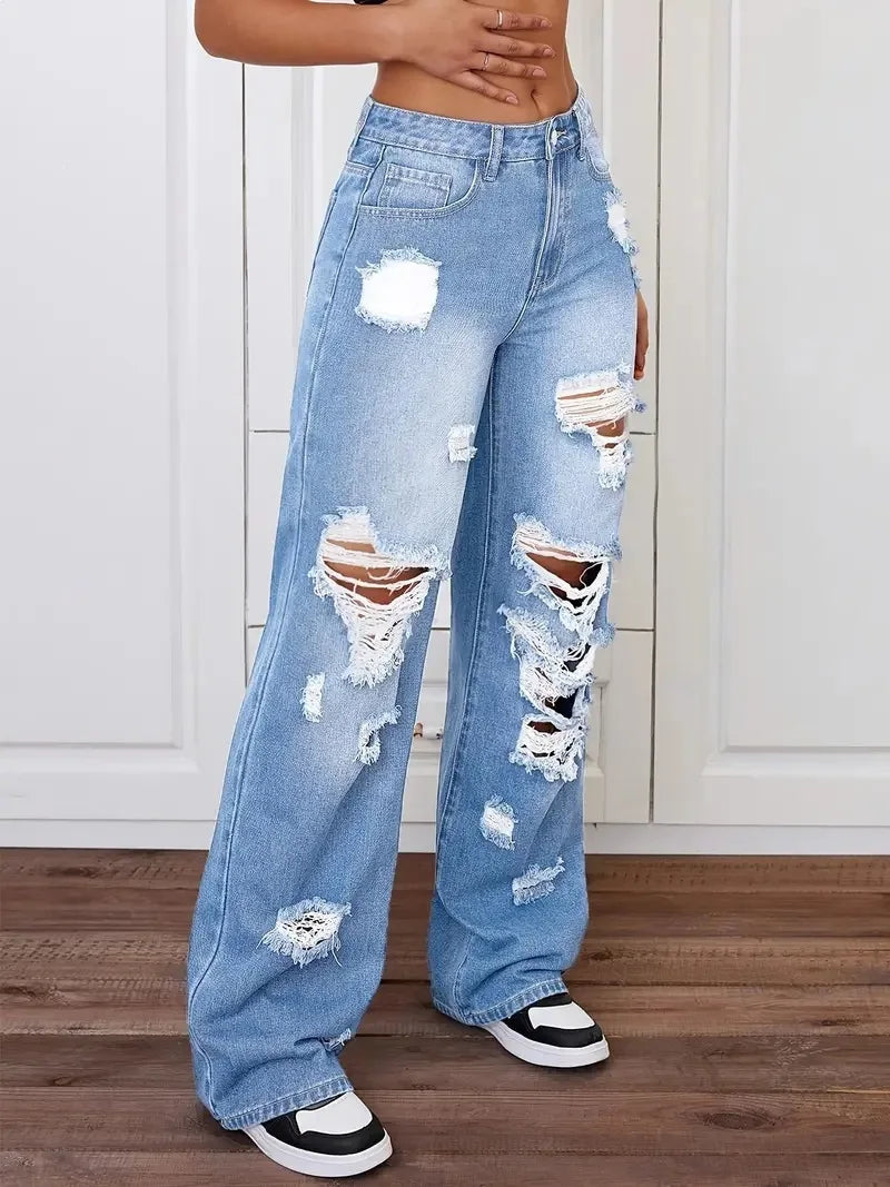 Jean femme taille haute déchiré – Coupe wide leg streetwear