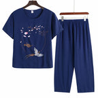 Pyjama Pour Femme Casual Cotton Linen Sleepwear Set Vintage Printed