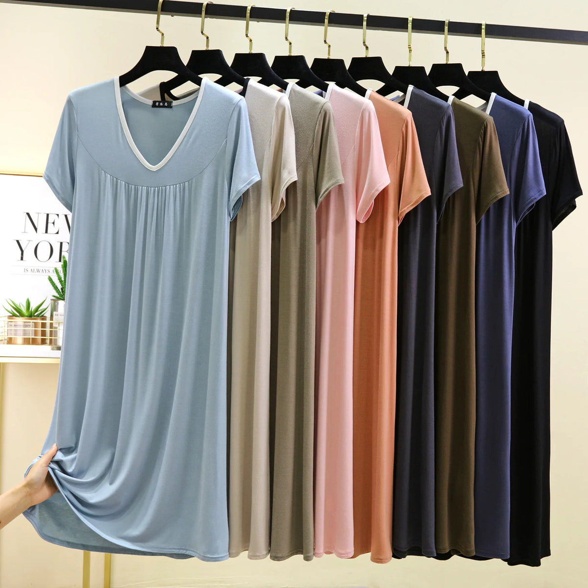 Plus size L to 6XL Modal V-Neck sleepdress summer women Loose homewear dress solid color casual long nightdress comfort homewear