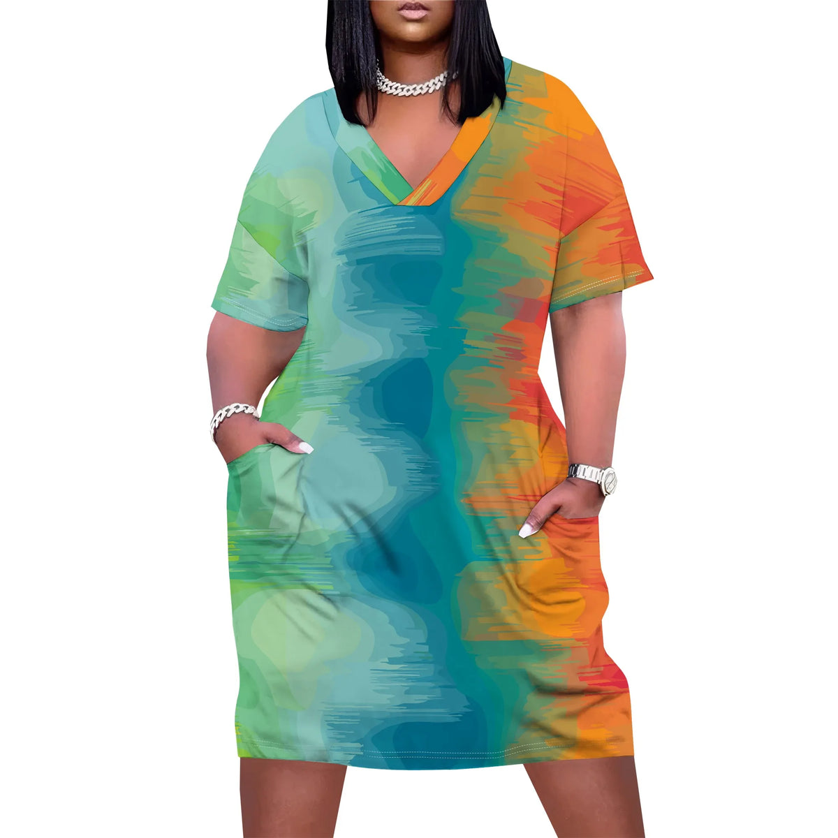 Plus Size Women Casual T-Shirt Dress V Neck Short Sleeve with Front Two Pockets Solid Color Oversize Dresses