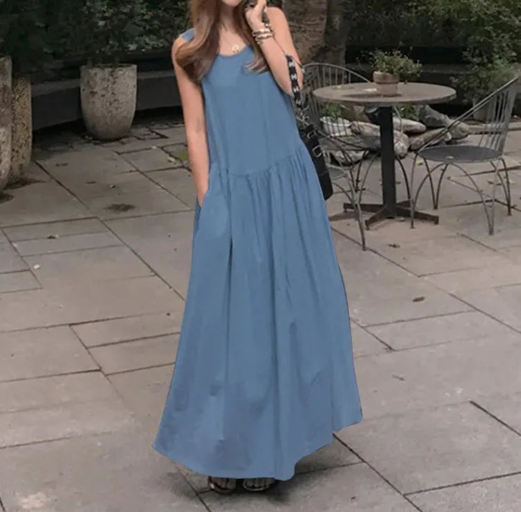 Women's Dress 2025 Summer Cotton and Linen Casual Round Neck Sleeveless Large Size Loose Solid Color Vest Long Swing Dress
