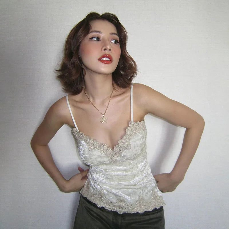 French retro velvet lace small suspender women's interior sexy backless lace V-neck vest base short top