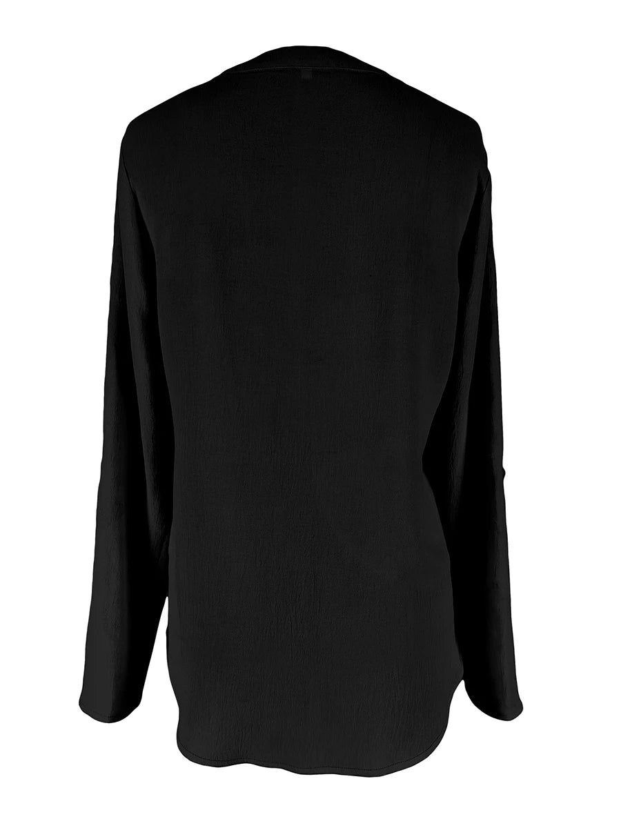 Women Elegant V-Neck Blouse Long Sleeve Roll Up Tops Casual Solid Color Loose Office Work Shirt Female Tunic Clothes