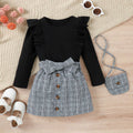 4-7Y Children Girls Clothing Outfit Solid Color Long Sleeve Ruffle Tops+Plaid Skirt With Belt+Bag Kids Girl Costume 3Pcs Set