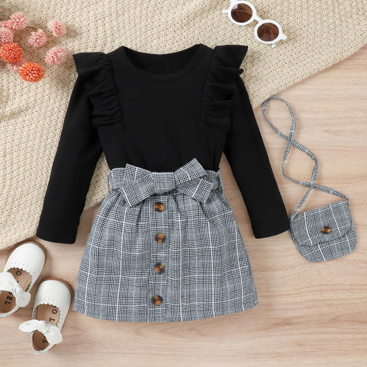 4-7Y Children Girls Clothing Outfit Solid Color Long Sleeve Ruffle Tops+Plaid Skirt With Belt+Bag Kids Girl Costume 3Pcs Set