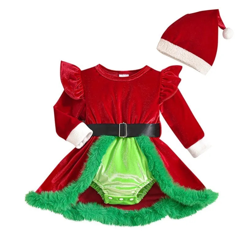Baby Girl's Christmas Velvet Dress with PP shorts & Hat Set ,Pom pom Trim baby girl clothes,크리스마스 아기의상 ,vestido bebê menina luxo