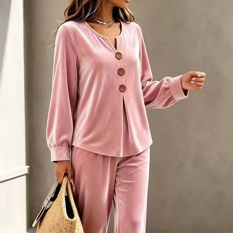 Women 2 Piece Outfit V Neck Button Decor Long Lantern Sleeve Top Wide Leg Pants Casual Fall Winter Matching Set With Pockets