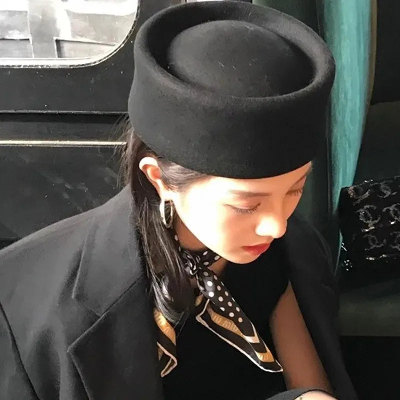 French Style Beret Hat Caps Airline Stewardess Flight Attendant Vintage Hat Black Flat Top Hat Hair Clip Hair Accessories