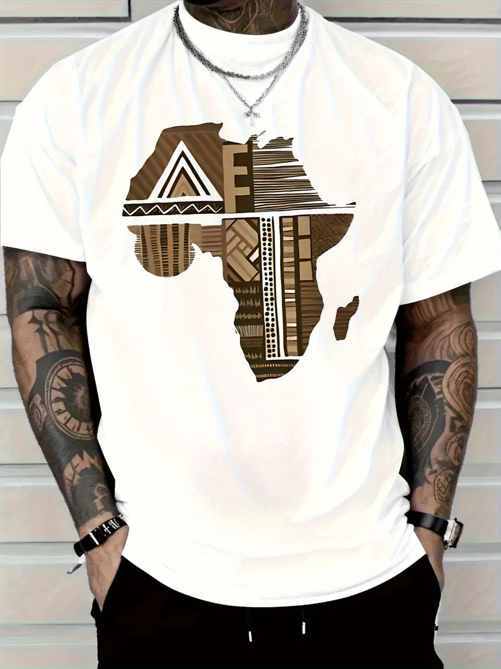 Men'S Plus Size White T-Shirt with Africa-Inspired Golden Print -  Comfort Fit Lightweight Breathable
