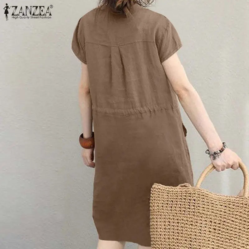 Summer Fashion Short Sleeve Dress ZANZEA Women Casual Drawstring Waist Vestidos Knee-length Robe Femme Elegant OL Work Sundress