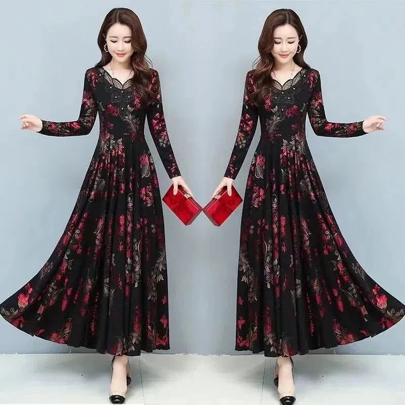 Spring Autumn New Women Dress Elegant Temperament Long A-Line Dress High End Fashion Lace Printed Beading Dresses Vestidos Mujer