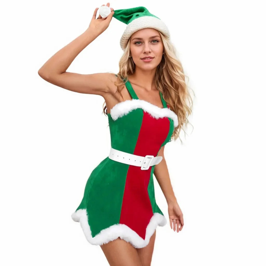 Zawaland Christmas Elf Costumes Dress Belt Hat Cosplay Family couple Carnival Party New Year Fancy Dress Up Set For Men Women