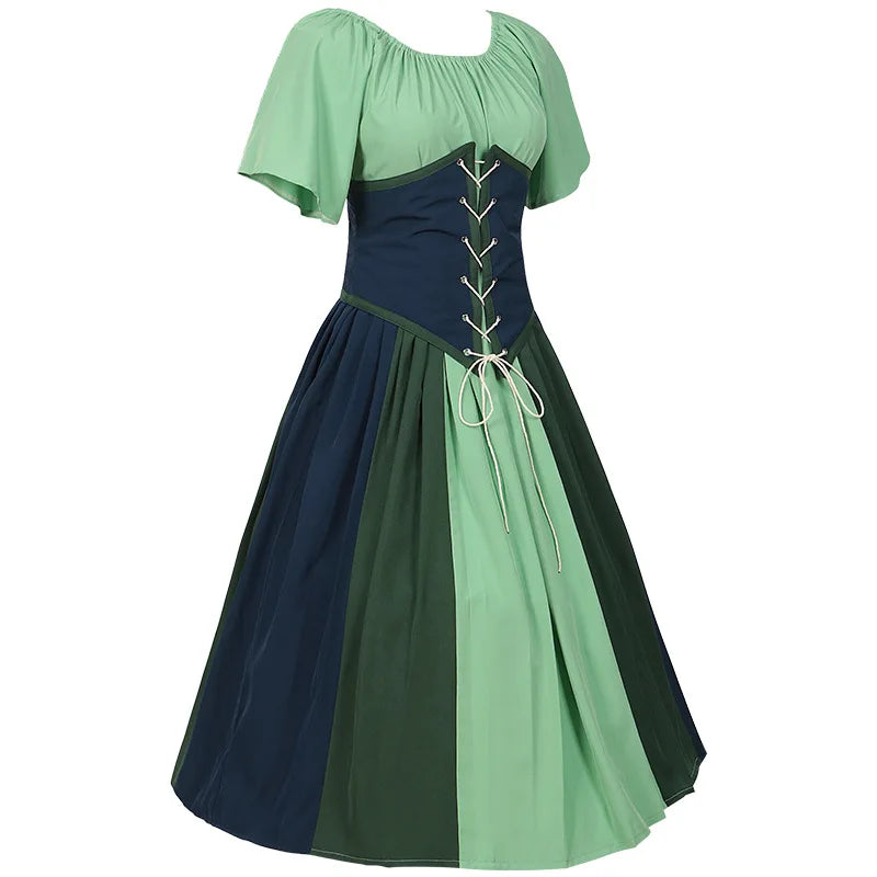 Costumes Halloween pour femmes,robe trapèze rétro médiévale,couleur contrastée,robe à épaules en un mot