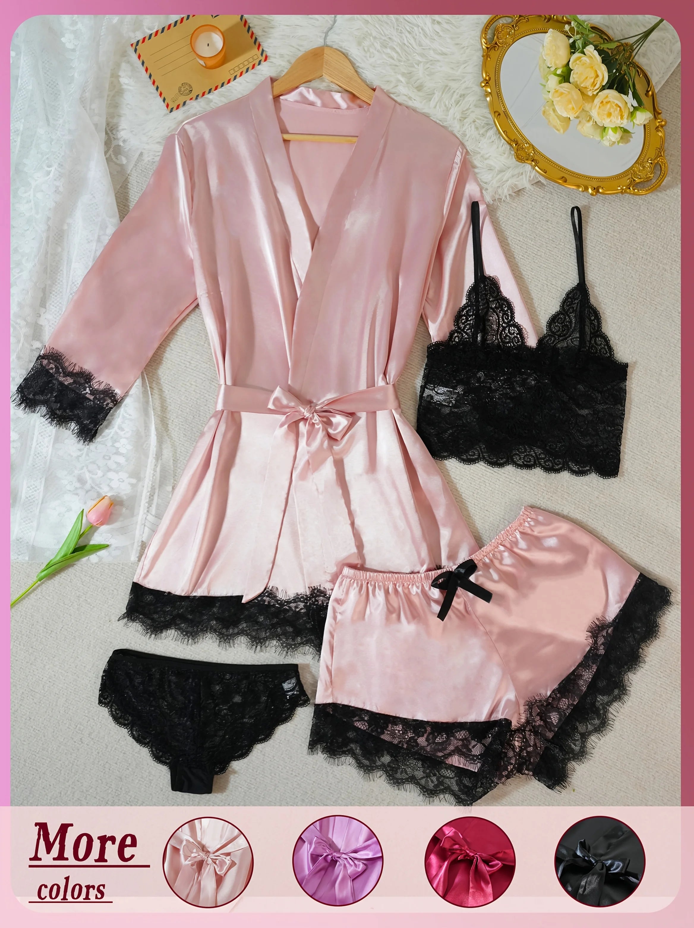Ensemble Pyjama Satin 4 Pièces avec Robe
