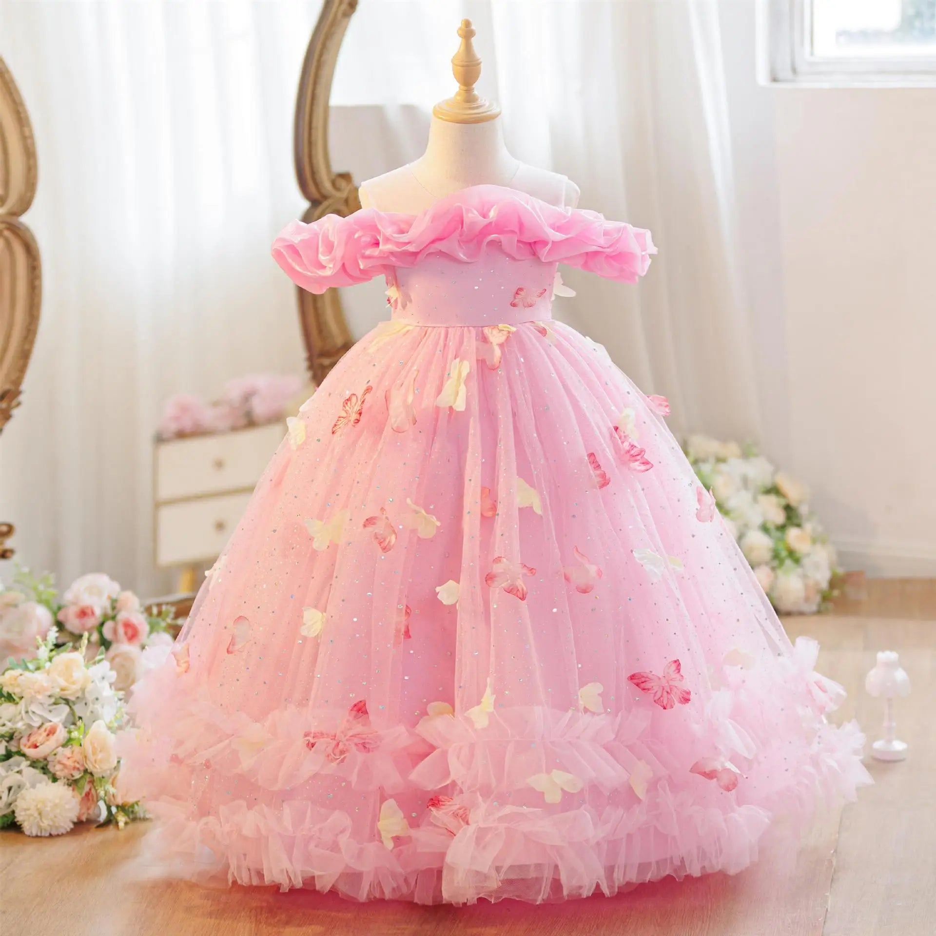 2026 New 4-12 Year Old Robe Princess Dress Flower Girl Wedding Dress Fashionable Party Dress Lace Mesh Elegant Girls' Clothing