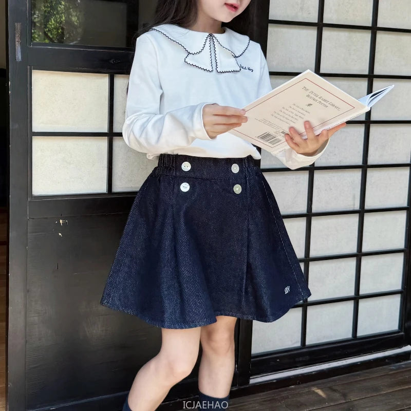 Teen Girl Clothes Children  Waist Shell Button Denim Skirt and Top Kids Versatile Casual Outfits Costumes Vintage Girls Elastic