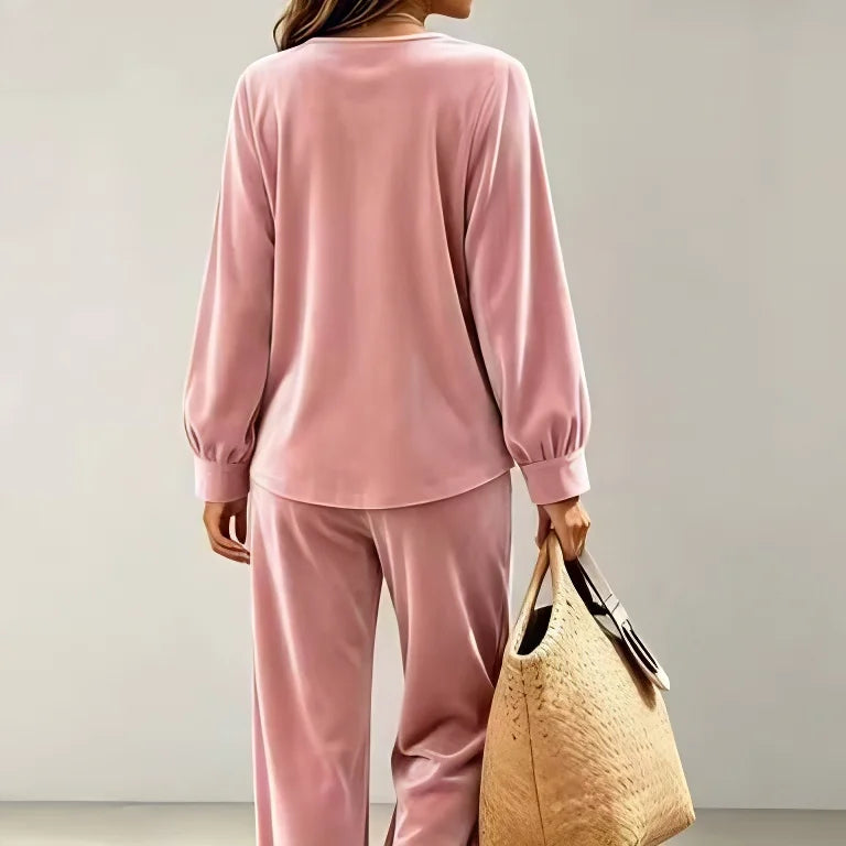 Women 2 Piece Outfit V Neck Button Decor Long Lantern Sleeve Top Wide Leg Pants Casual Fall Winter Matching Set With Pockets